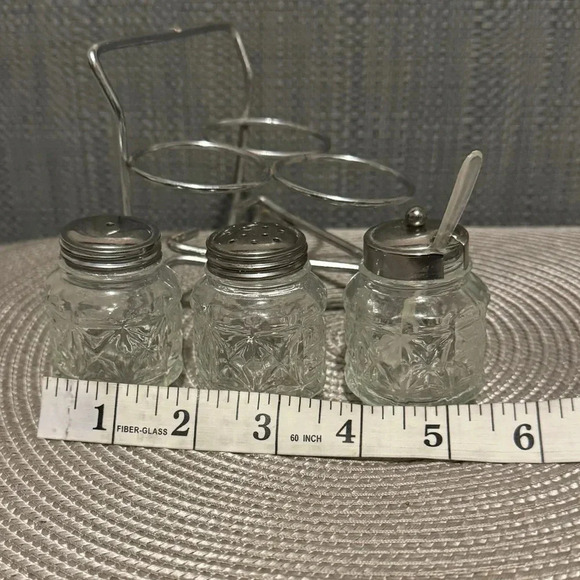 Vintage Salt & Pepper Condiment Pressed Glass with Metal Wheelbarrow Caddy Set - Picture 4 of 4